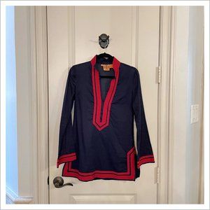 Tory Burch Tunic Blouse 100% Cotton Navy/Red Size 4